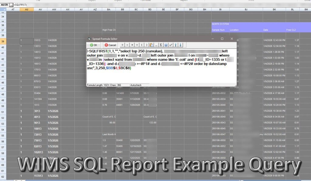 A dark grey report screen with a spread Formula editor box, and some SQL coding. Many dates and numbers on the report page. Words at the bottom: "WIMS SQL REport Example Query".