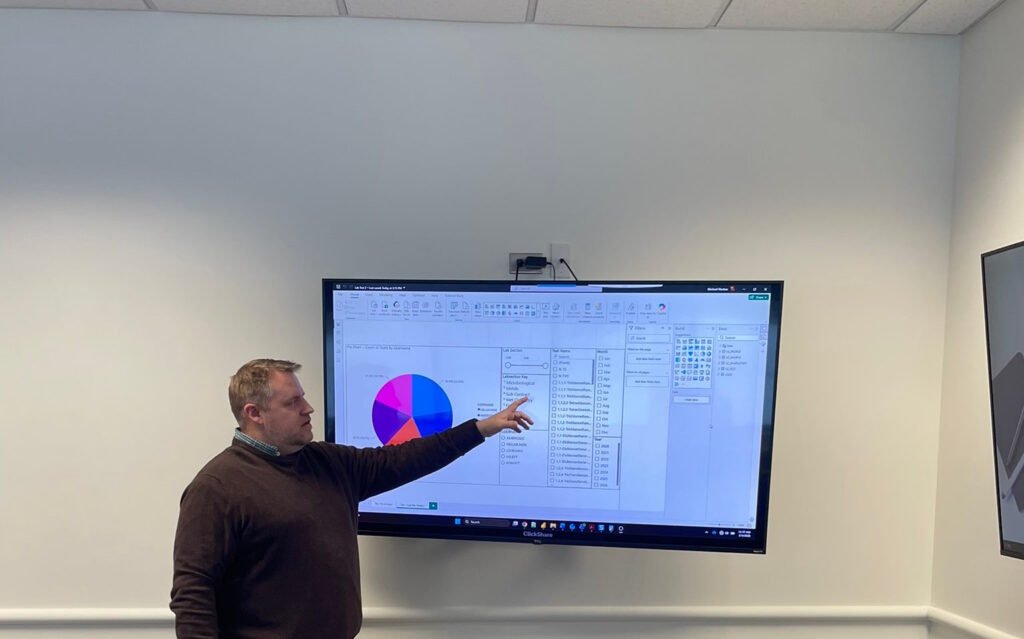 Me in a brown sweater, pointing to a Power BI report on a TV monitor, in a training exercise.