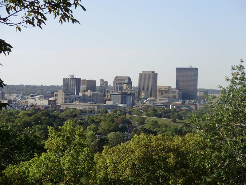 A distant view of Dayton, Ohio (mid-2000s), peering through trees and looking at the skyscrapers.